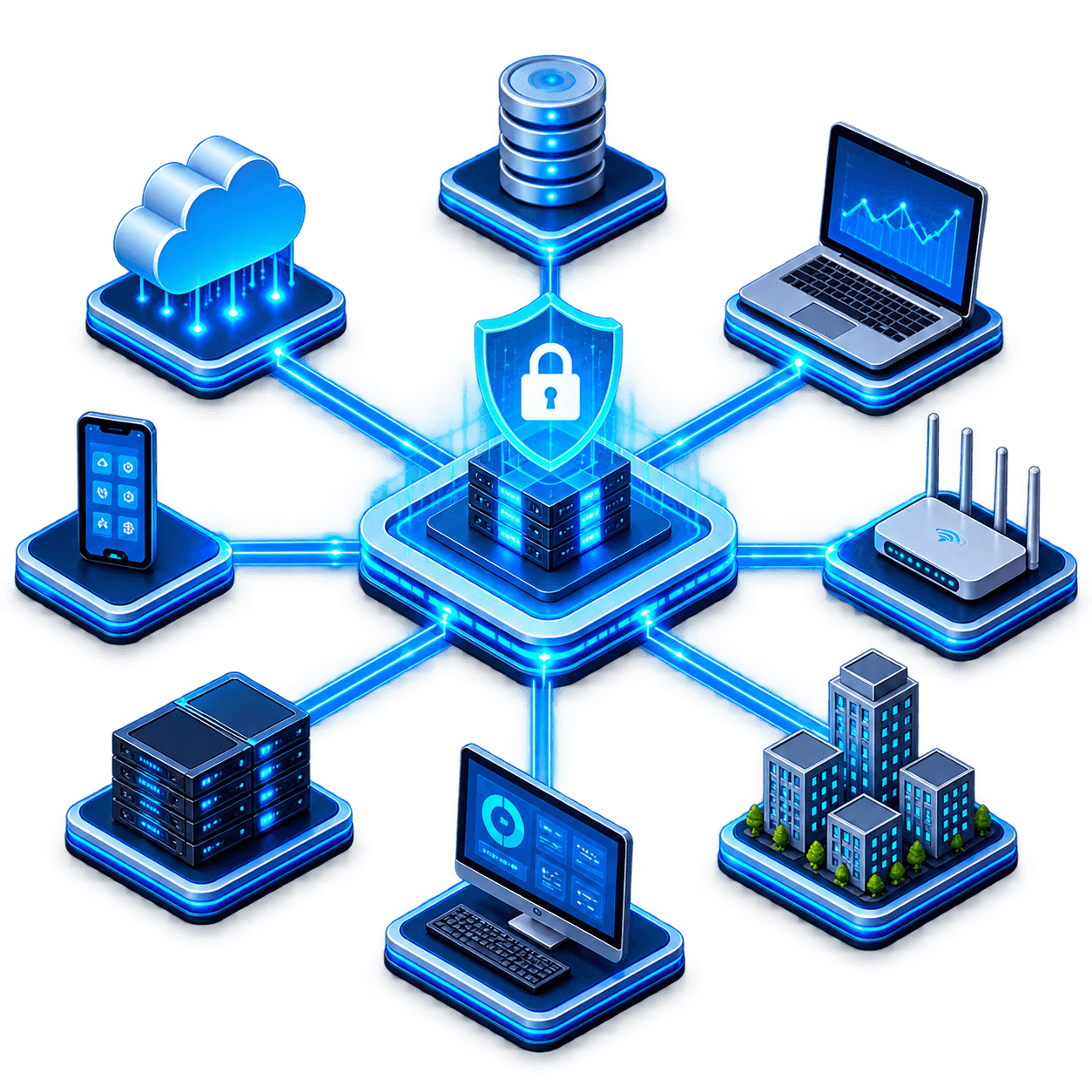 Connected technology ecosystem with secure servers, cloud infrastructure, analytics devices, and network systems